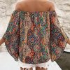 Women's Boho Off Shoulder 3/4 Bell Sleeve Summer Blouse Top