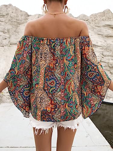 Women's Boho Off Shoulder 3/4 Bell Sleeve Summer Blouse Top
