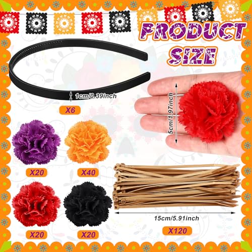 224 Pcs Day of The Dead Headpiece Mexican Flower Crown Headband Cosplay for Party Marigold DIY Set Halloween Headdress Mexican