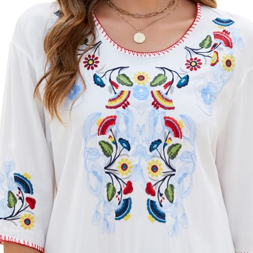 Women's Embroidered Tops 3/4 Sleeve Mexican Blouses Shirts Round Neck Dressy Tunics Peasant Tops Loose Fit