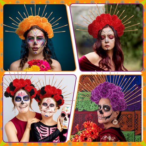 224 Pcs Day of The Dead Headpiece Mexican Flower Crown Headband Cosplay for Party Marigold DIY Set Halloween Headdress Mexican