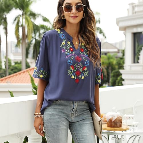 Women's Mexican Embroidered Tops Boho Floral Peasant Shirt Bohemian Traditional Clothes Fiesta Tunic Blouse