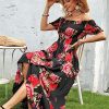 Women Short Sleeve Off Shoulder Floral High Low Flowy Summer Party Long Maxi Dress