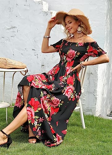 Women Short Sleeve Off Shoulder Floral High Low Flowy Summer Party Long Maxi Dress