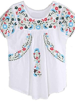 Women's Peasant Tops Mexican Blouse Flowers Embroidered Boho T Shirt