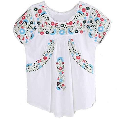 Women's Peasant Tops Mexican Blouse Flowers Embroidered Boho T Shirt