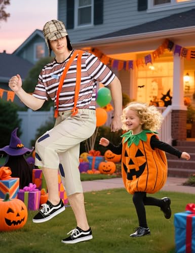 Mexican TV Cosplay Costume for Adult Men, Patchwork Overalls Suit Set with Striped T-shirt Hat for Halloween Party Outfit
