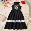 Girls Mexican Floral Embroidered Dress Halter Neck Sleeveless Ruffle Party Long Maxi Dresses