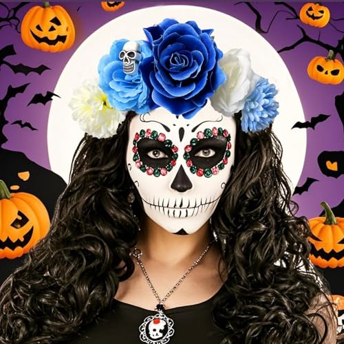 Halloween Headband Mexican Flower Crown Skull Hair Accessories Women Day of The Dead Rose Floral Headpiece Party Supplies