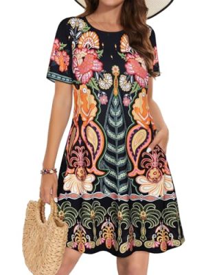 Summer Dresses for Women Casual Tshirt Short Sleeve Floral Sundress Beach Cover Ups with Pockets