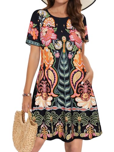 Summer Dresses for Women Casual Tshirt Short Sleeve Floral Sundress Beach Cover Ups with Pockets