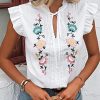 Women's Floral Embroidered V Neck Ruffle Cap Sleeve Peplum Blouse Top