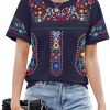 Embroidered Mexican Peasant Blouse Women Summer Boho Shirt Mexico Fiesta Short Sleeve Tops