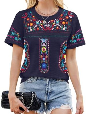 Embroidered Mexican Peasant Blouse Women Summer Boho Shirt Mexico Fiesta Short Sleeve Tops