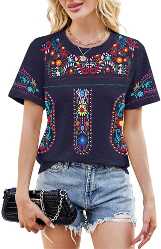 Embroidered Mexican Peasant Blouse Women Summer Boho Shirt Mexico Fiesta Short Sleeve Tops