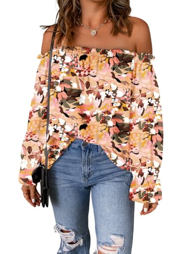Women's Off Shoulder Top Ruffle Long Sleeve Chiffon Blouse Casual Loose Shirts