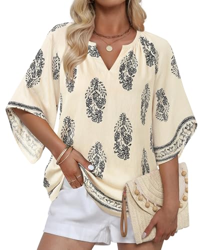 Womens 3/4 Sleeve V Neck Bohemian Peasant Blouses Casual Loose Fit Tunic Tops