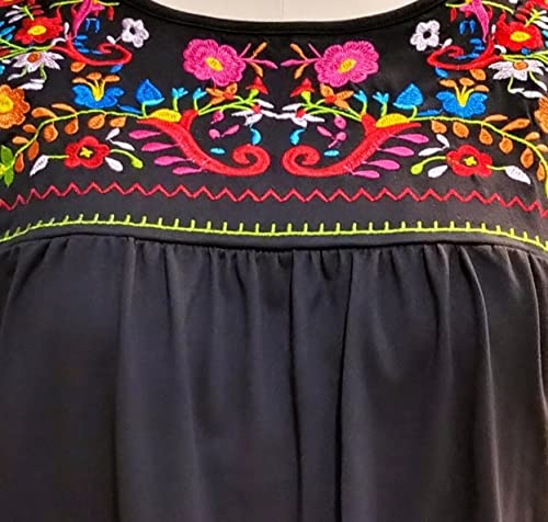 Womens Short Sleeve Mexican Shirts Pleated Front Floral Embroidered Tee Shirt Loose Peasant Tunic Tops