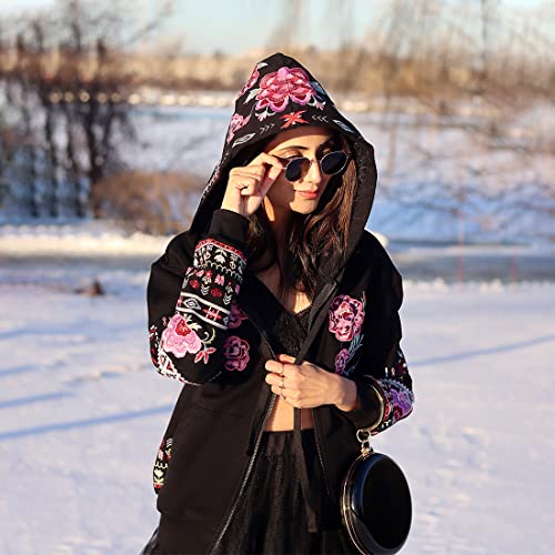 Women's Full Zip Long Sleeve Embroidered Sweatshirt Floral Boho Embroidered Mexican Hoodie Fall Winter Coat Tops Jackets