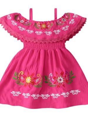 Mexican Dress for Baby Girls Traditional Cinco de Mayo Fiesta Dress Off-Shoulder Floral Embroidered Dress