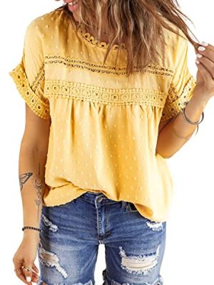 Womens Summer Tops Crewneck Lace Crochet Short Sleeve Shirts Casual Chiffon Blouses