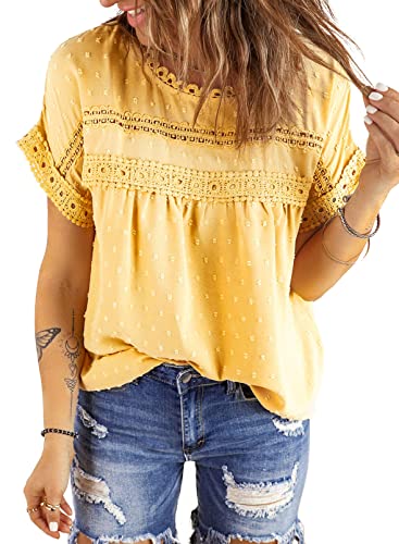 Womens Summer Tops Crewneck Lace Crochet Short Sleeve Shirts Casual Chiffon Blouses