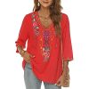 Women's Mexican Embroidered Tops Bohemian Style Peasant 3/4 Sleeve Fiesta Shirts Boho Tunic Blouses Hippie Clothes