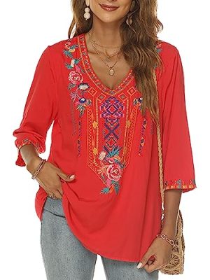 Women's Mexican Embroidered Tops Bohemian Style Peasant 3/4 Sleeve Fiesta Shirts Boho Tunic Blouses Hippie Clothes