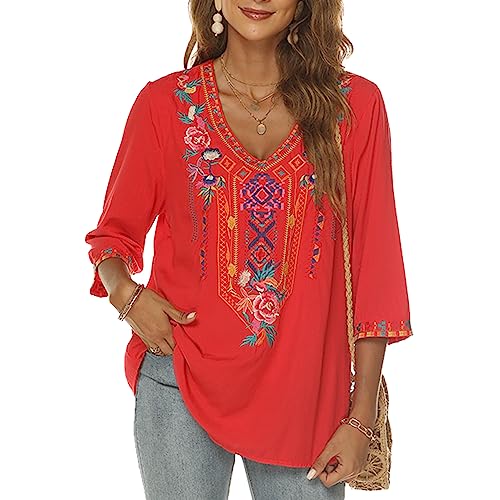 Women's Mexican Embroidered Tops Bohemian Style Peasant 3/4 Sleeve Fiesta Shirts Boho Tunic Blouses Hippie Clothes