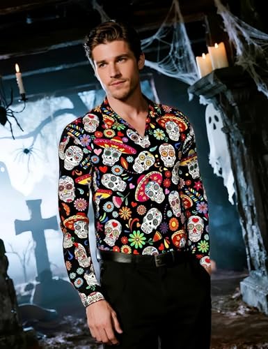 Men's Halloween Novelty Button Down Long Sleeve Shirt, S-4XL