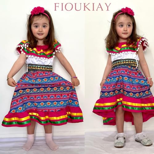 Toddler Girls Mexican Dress Little Girl Off Shoulder Bowknot Traditional Color Block Dresses
