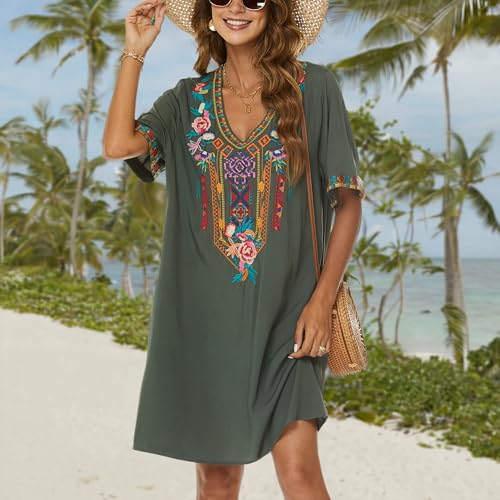 Women's Embroidered Mexican Peasant Dresses, Plus Size Fiesta Boho Dress for Women, Traditional Floral Bohemian Tunic