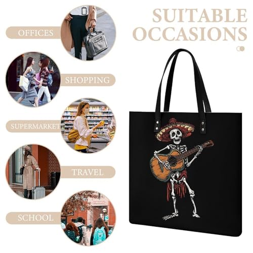 Mexican Skeleton Musician Printed Tote Bag for Women Fashion Handbag with Top Handles Shopping Bags for Work Travel