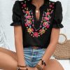 Women's Casual Floral Embroidered V Neck Boho Short Puff Sleeve Shirts Loose Summer Blouses Tops Fashion Clothes 2025