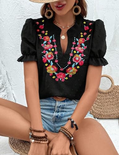 Women's Casual Floral Embroidered V Neck Boho Short Puff Sleeve Shirts Loose Summer Blouses Tops Fashion Clothes 2025