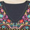 Womens Short Sleeve Mexican Shirts Pleated Front Floral Embroidered Tee Shirt Loose Peasant Tunic Tops