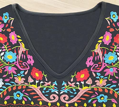 Womens Short Sleeve Mexican Shirts Pleated Front Floral Embroidered Tee Shirt Loose Peasant Tunic Tops