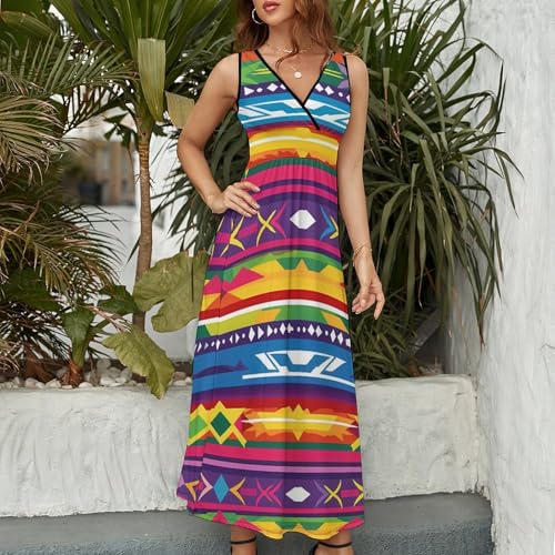 Ethnic Mexican Colorful Stripes Womens Casual Sleeveless Dress Maxi Long Beach Dress Sundress