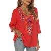 Women's Mexican Embroidered Tops Bohemian Style Peasant 3/4 Sleeve Fiesta Shirts Boho Tunic Blouses Hippie Clothes