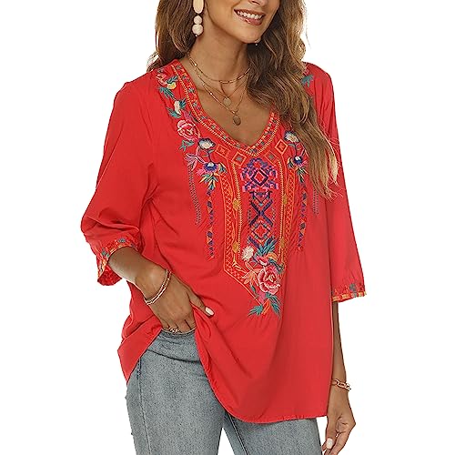 Women's Mexican Embroidered Tops Bohemian Style Peasant 3/4 Sleeve Fiesta Shirts Boho Tunic Blouses Hippie Clothes
