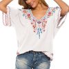 Women's Summer V Neck Boho Embroidered Mexican Shirts Short Sleeve Casual Tops Blouse