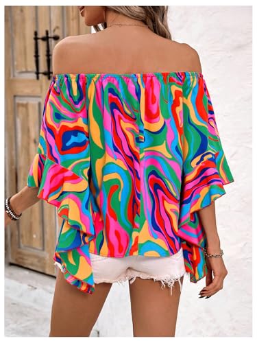 Women's Off The Shoulder Tops Boho Asymmetrical 3/4 Sleeve Ruffle Colorful Blouses Shirt Tops Dressy Casual