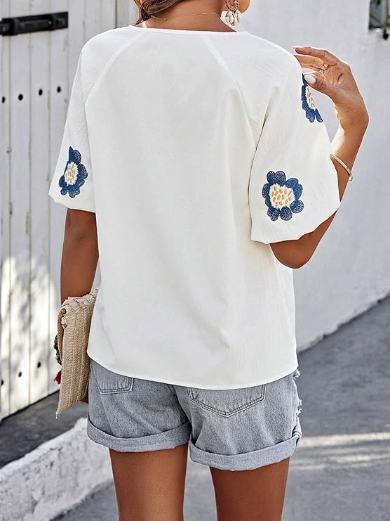 Mexican Embroidered Tops for Women Floral Short Sleeve Boho Tops Bow Tie V Neck Peasant Blouse Loose Summer Tops