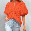 Women's Summer Tops 2025 Dressy Casual Short Sleeve V Neck Buttons Hollow Out Lace Embroidered Blouses Shirts