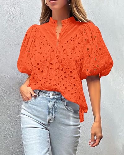 Women's Summer Tops 2025 Dressy Casual Short Sleeve V Neck Buttons Hollow Out Lace Embroidered Blouses Shirts