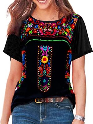 Short Sleeve Mexican Tee Shirts for Women Floral Embroidered Loose Tops Ethnic Style Boho T-Shirts