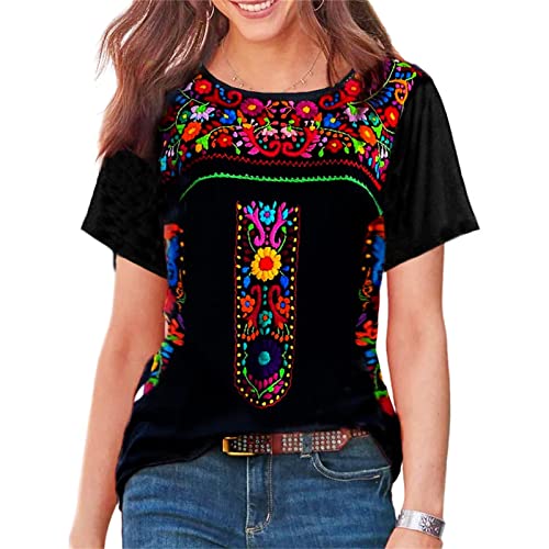 Short Sleeve Mexican Tee Shirts for Women Floral Embroidered Loose Tops Ethnic Style Boho T-Shirts