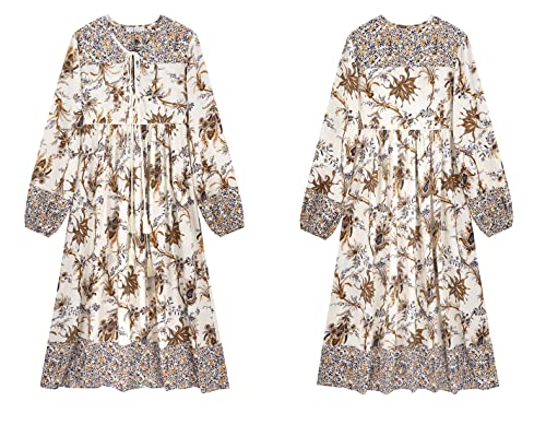 Womens Women's Long Sleeve Floral Print Retro V Neck Tassel Bohemian Midi Dresses