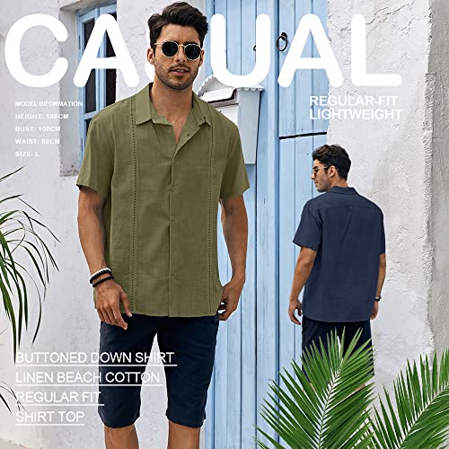 Mens Guayabera Shirts Linen Short Sleeve Button Down Casual Beach Cuban Camp Mexican Shirt for Men Khaki
