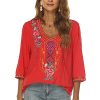 Women's Mexican Embroidered Tops Bohemian Style Peasant 3/4 Sleeve Fiesta Shirts Boho Tunic Blouses Hippie Clothes